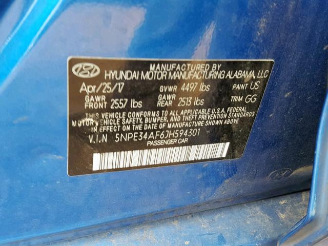 5NPE34AF6JH594301 - 2018 HYUNDAI SONATA SPO BLUE photo 10