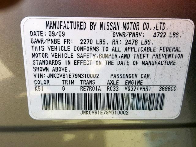 JNKCV61E79M310002 - 2009 INFINITI G37 BASE GRAY photo 10