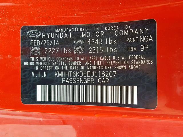 KMHHT6KD6EU118207 - 2014 HYUNDAI GENESIS CO RED photo 10