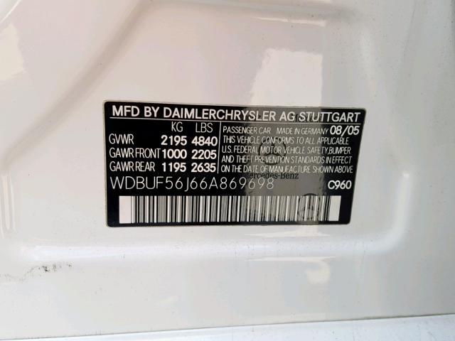 WDBUF56J66A869698 - 2006 MERCEDES-BENZ E 350 WHITE photo 10