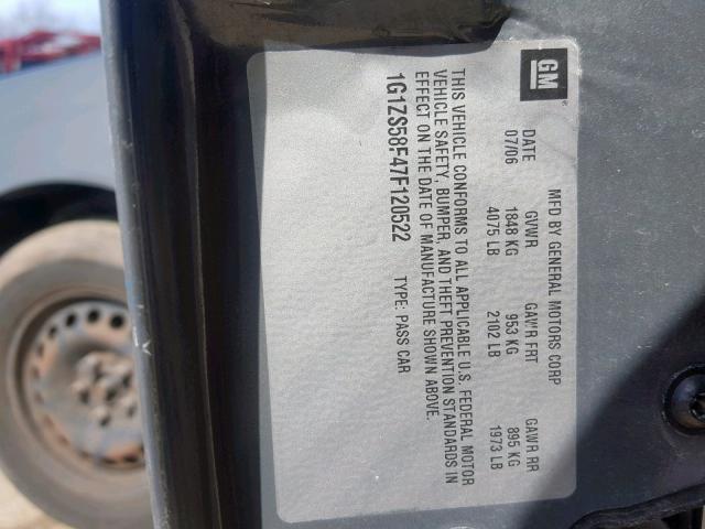 1G1ZS58F47F120522 - 2007 CHEVROLET MALIBU LS GRAY photo 10
