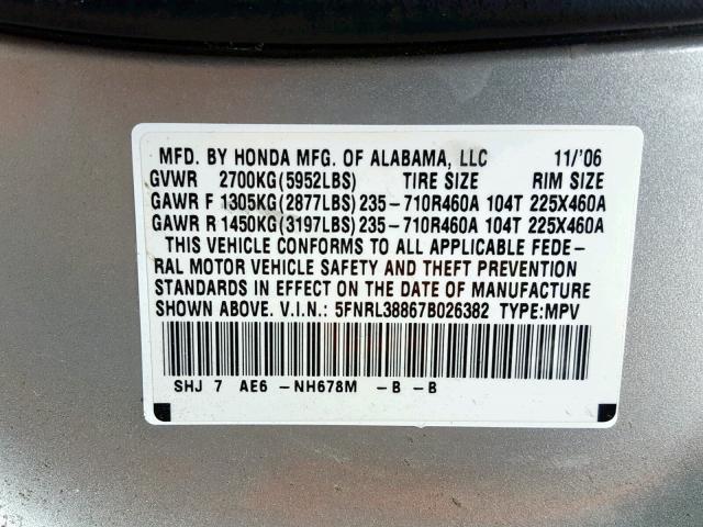 5FNRL38867B026382 - 2007 HONDA ODYSSEY TO SILVER photo 10