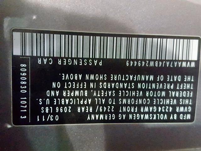 WVWAA7AJ4BW249449 - 2011 VOLKSWAGEN GOLF 灰色 照片 10