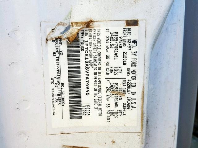 1FTCR10A8VPA74945 - 1997 FORD RANGER WHITE photo 10