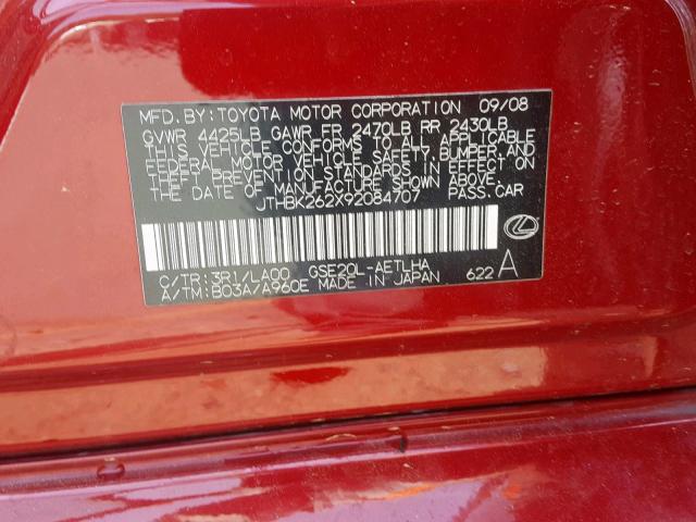 JTHBK262X92084707 - 2009 LEXUS IS 250 RED photo 10