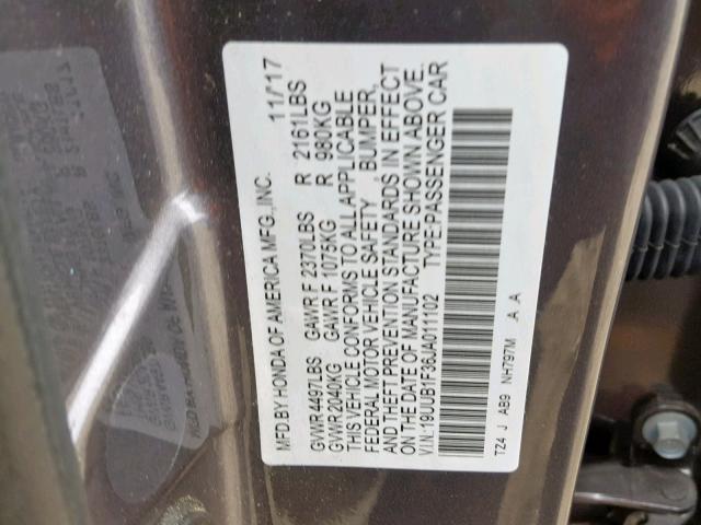 19UUB1F36JA011102 - 2018 ACURA TLX GRAY photo 10