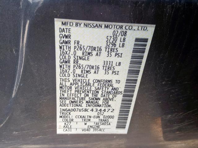 1N6AD07U58C434472 - 2008 NISSAN FRONTIER C GRAY photo 10