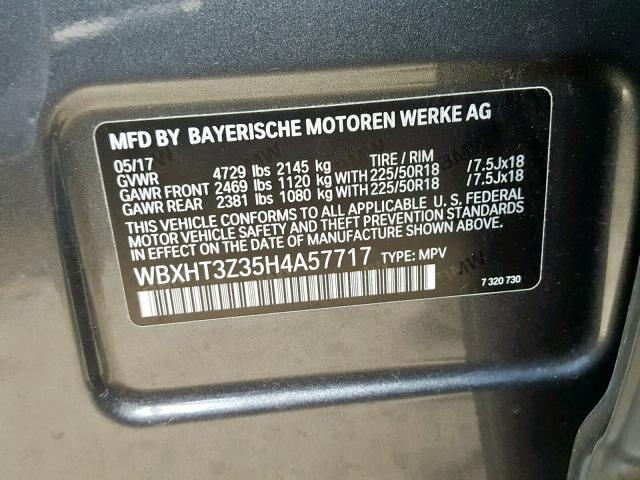 WBXHT3Z35H4A57717 - 2017 BMW X1 XDRIVE2 GRAY photo 10