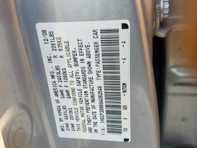 1HGCP26899A082546 - 2009 HONDA ACCORD EXL SILVER photo 10