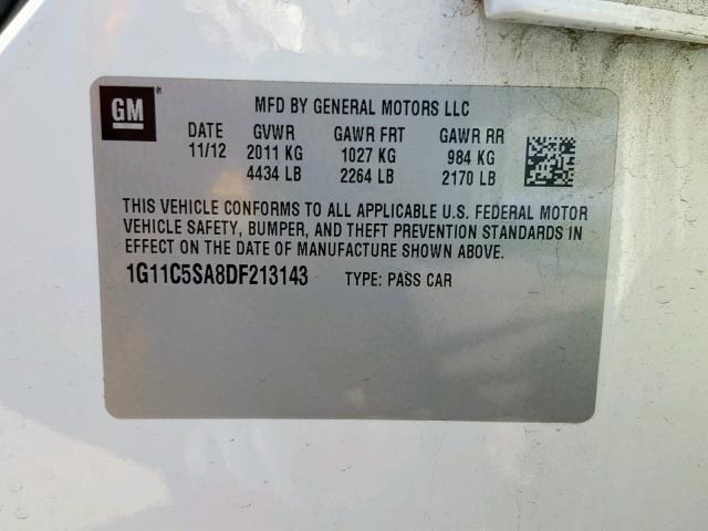 1G11C5SA8DF213143 - 2013 CHEVROLET MALIBU 1LT 白色 照片 10