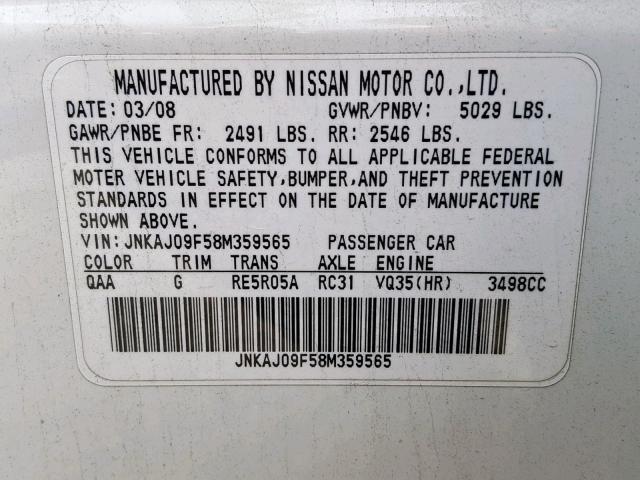JNKAJ09F58M359565 - 2008 INFINITI EX35 BASE WHITE photo 10