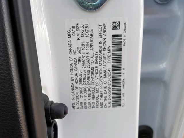 2HKRW2H87JH652341 - 2018 HONDA CR-V EXL WHITE photo 10