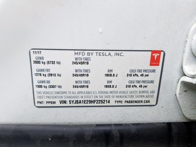 5YJSA1E29HF225214 - 2017 TESLA MODEL S  photo 10