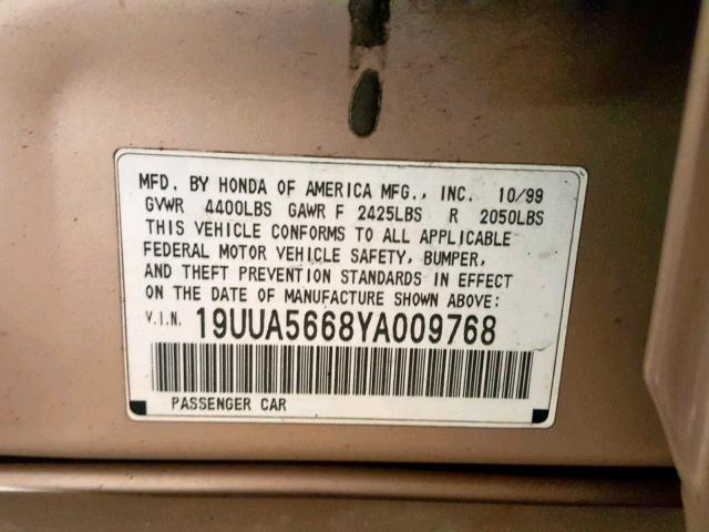 19UUA5668YA009768 - 2000 ACURA 3.2TL BEIGE photo 10