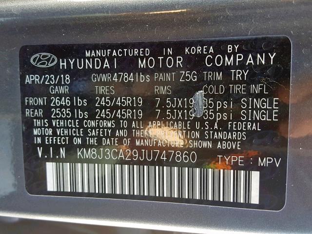 KM8J3CA29JU747860 - 2018 HYUNDAI TUCSON VAL GRAY photo 10