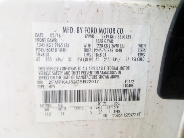 2FMPK4J82GBB22917 - 2016 FORD EDGE SEL  photo 10