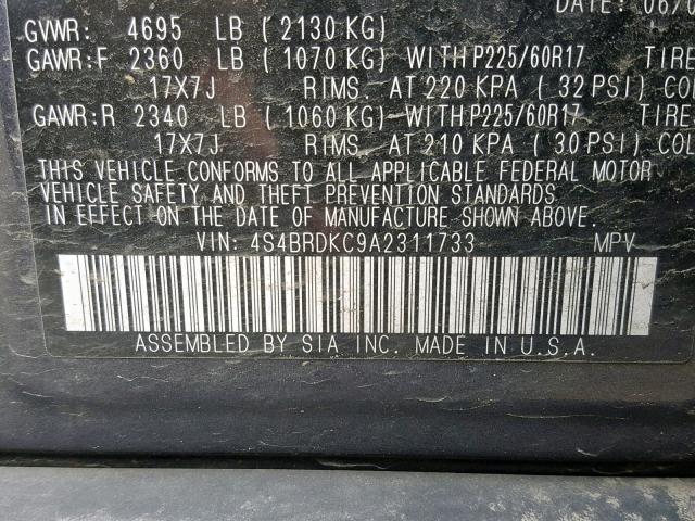 4S4BRDKC9A2311733 - 2010 SUBARU OUTBACK 3. GRAY photo 10