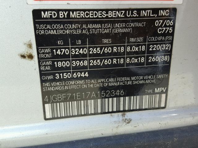 4JGBF71E17A152346 - 2007 MERCEDES-BENZ GL 450 4MA SILVER photo 10