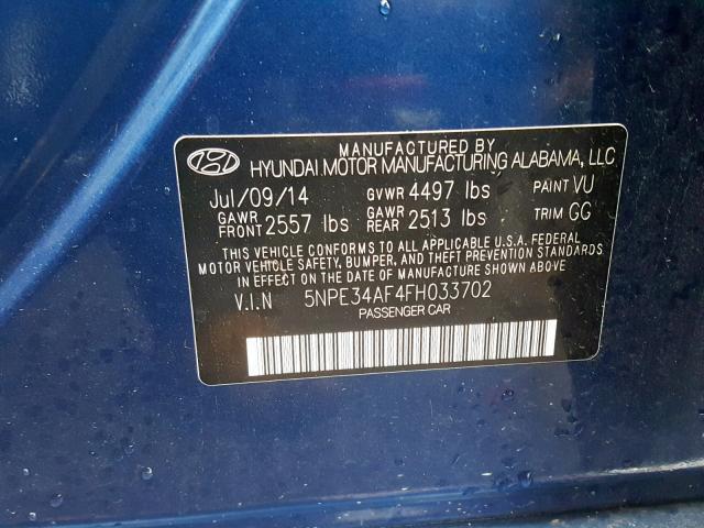 5NPE34AF4FH033702 - 2015 HYUNDAI SONATA SPO BLUE photo 10