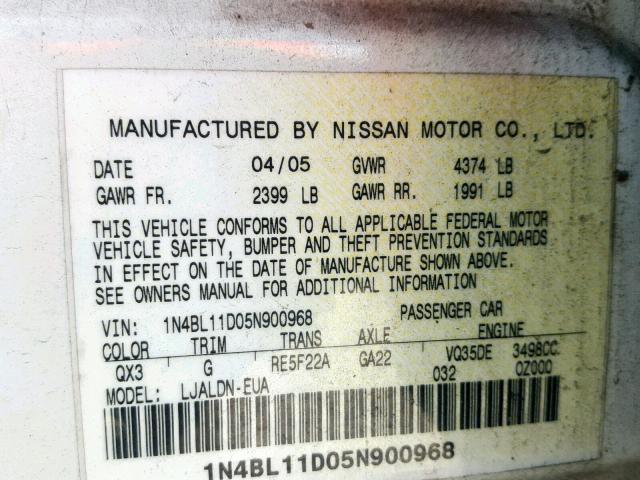 1N4BL11D05N900968 - 2005 NISSAN ALTIMA SE WHITE photo 10