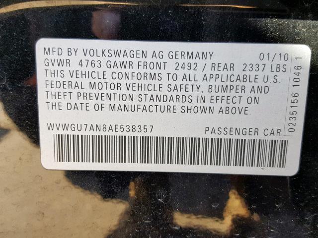 WVWGU7AN8AE538357 - 2010 VOLKSWAGEN CC VR6 4MO BLACK photo 10