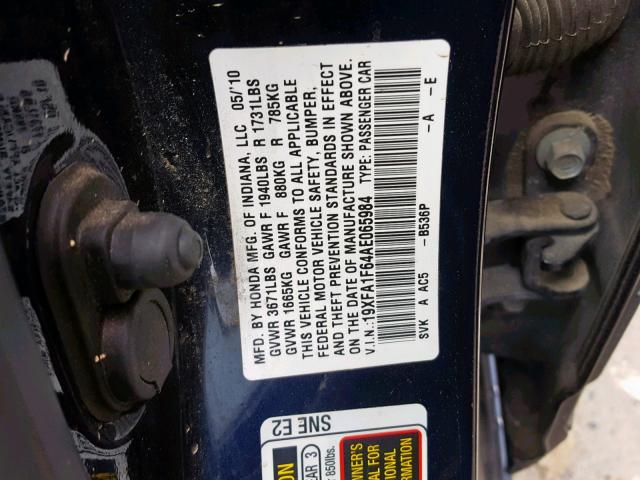 19XFA1F64AE065984 - 2010 HONDA CIVIC LX-S BLUE photo 10