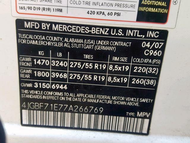 4JGBF71E77A266769 - 2007 MERCEDES-BENZ GL 450 4MA WHITE photo 10