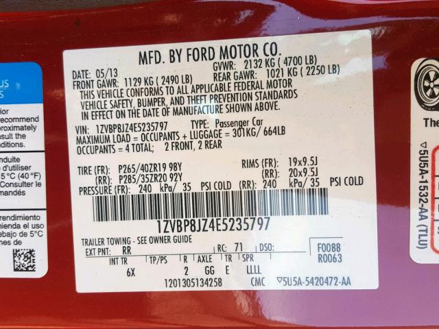 1ZVBP8JZ4E5235797 - 2014 FORD MUSTANG SH RED photo 10