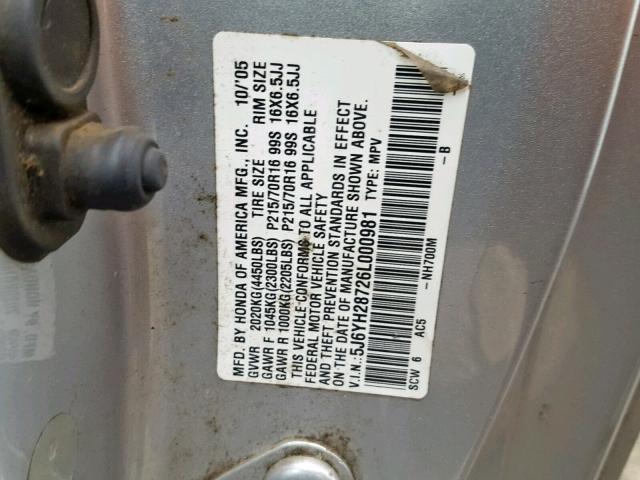 5J6YH28726L000981 - 2006 HONDA ELEMENT EX SILVER photo 10