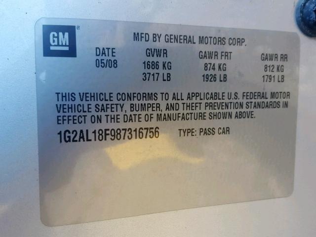 1G2AL18F987316756 - 2008 PONTIAC G5 SILVER photo 10