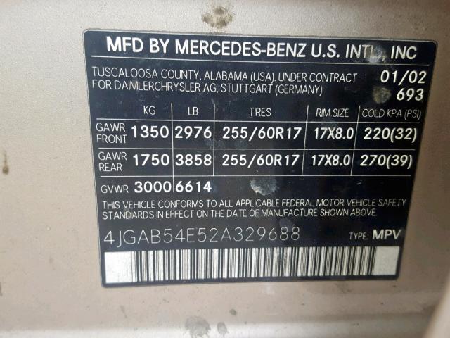 4JGAB54E52A329688 - 2002 MERCEDES-BENZ ML 320 GOLD photo 10