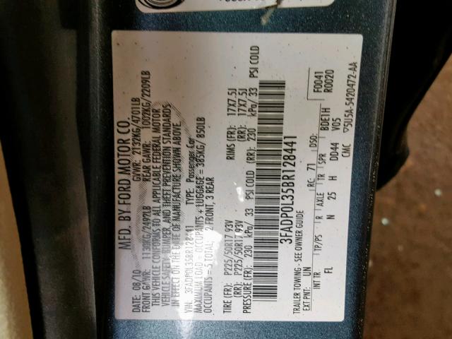 3FADP0L35BR128441 - 2011 FORD FUSION HYB BLUE photo 10