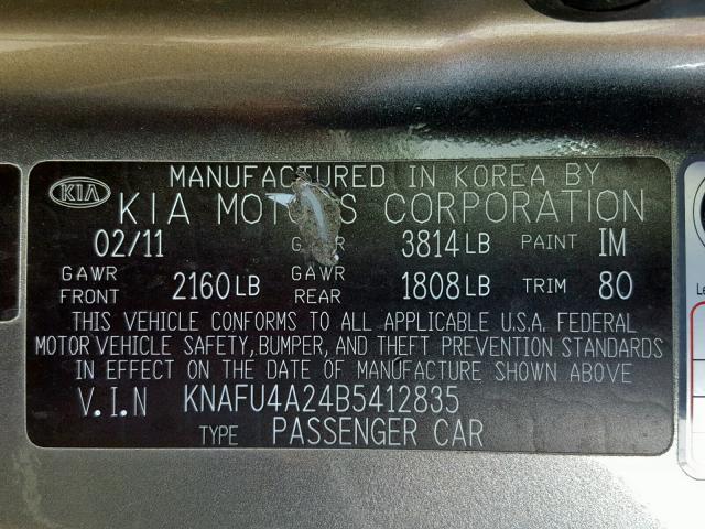 KNAFU4A24B5412835 - 2011 KIA FORTE EX GRAY photo 10