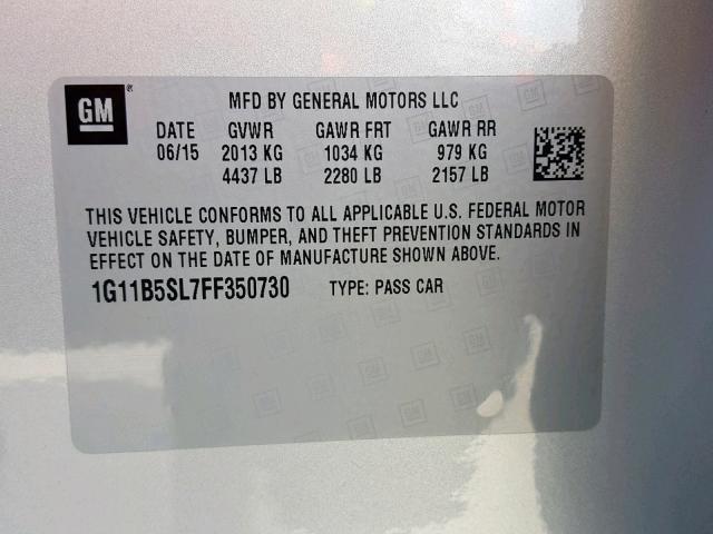 1G11B5SL7FF350730 - 2015 CHEVROLET MALIBU LS 银色 照片 10