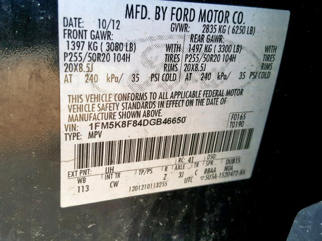 1FM5K8F84DGB46650 - 2013 FORD EXPLORER L BLACK photo 10