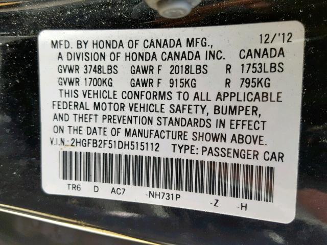 2HGFB2F51DH515112 - 2013 HONDA CIVIC LX BLACK photo 10