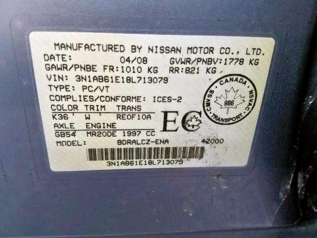 3N1AB61E18L713079 - 2008 NISSAN SENTRA 2.0 GRAY photo 9