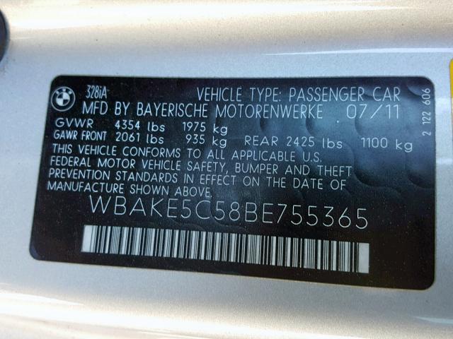 WBAKE5C58BE755365 - 2011 BMW 328 I SULE SILVER photo 10