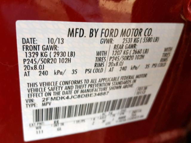 2FMDK4JC8DBE34887 - 2013 FORD EDGE SEL RED photo 10