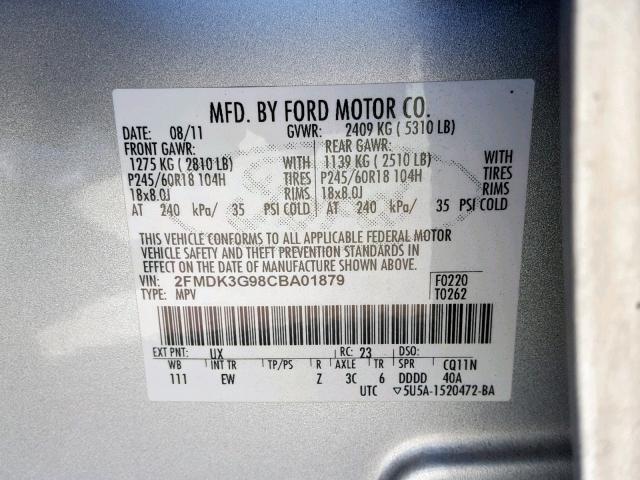 2FMDK3G98CBA01879 - 2012 FORD EDGE SE SILVER photo 10