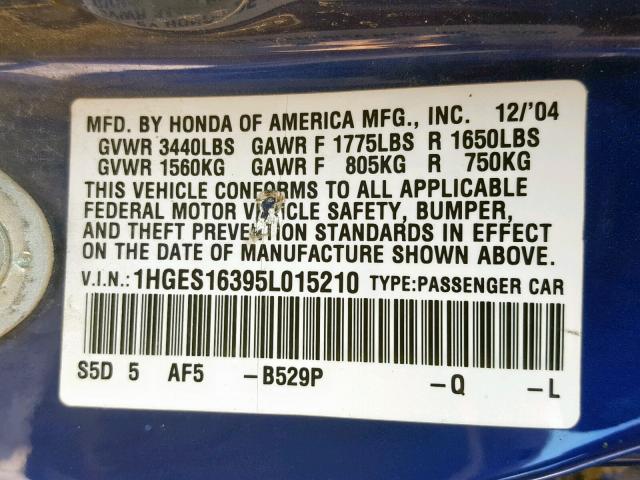 1HGES16395L015210 - 2005 HONDA CIVIC DX V BLUE photo 10