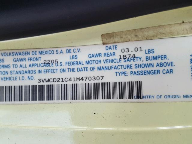 3VWCD21C41M470307 - 2001 VOLKSWAGEN NEW BEETLE Sarı foto 10