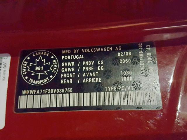 WVWFA71F28V039755 - 2008 VOLKSWAGEN EOS LUX 红色 照片 10
