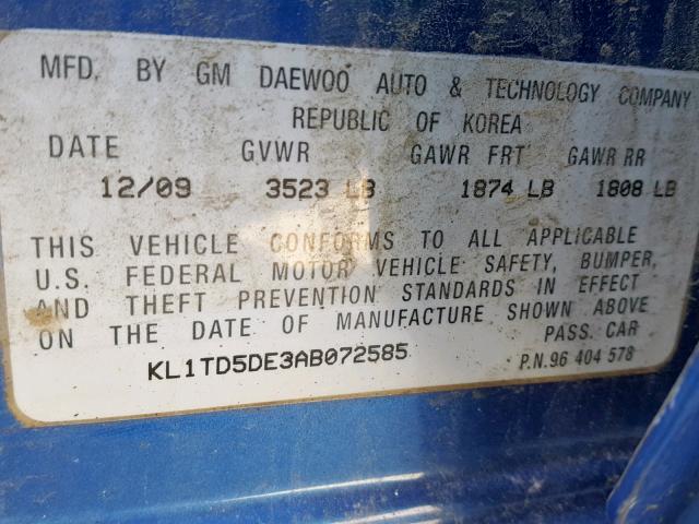 KL1TD5DE3AB072585 - 2010 CHEVROLET AVEO LS BLUE photo 10