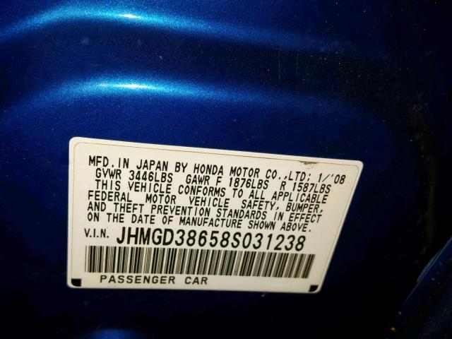 JHMGD38658S031238 - 2008 HONDA FIT SPORT BLUE photo 10