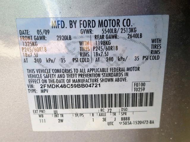 2FMDK48C59BB04721 - 2009 FORD EDGE SEL SILVER photo 10