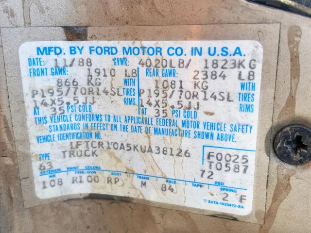 1FTCR10A5KUA38126 - 1989 FORD RANGER TAN photo 10