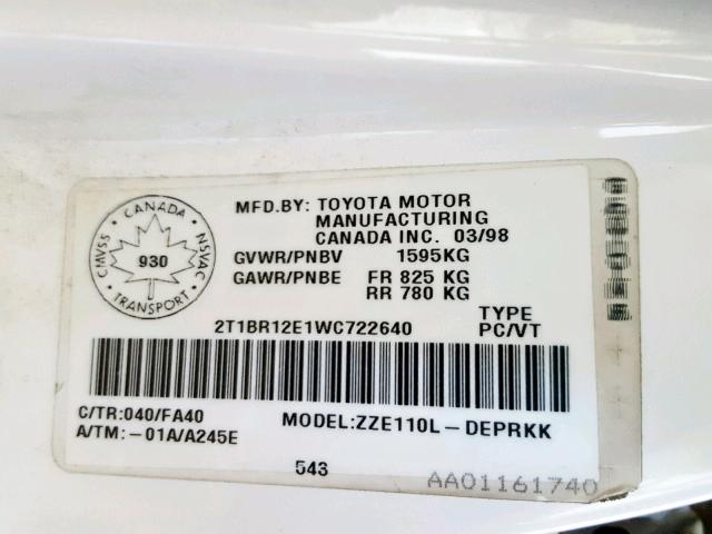 2T1BR12E1WC722640 - 1998 TOYOTA COROLLA VE WHITE photo 10