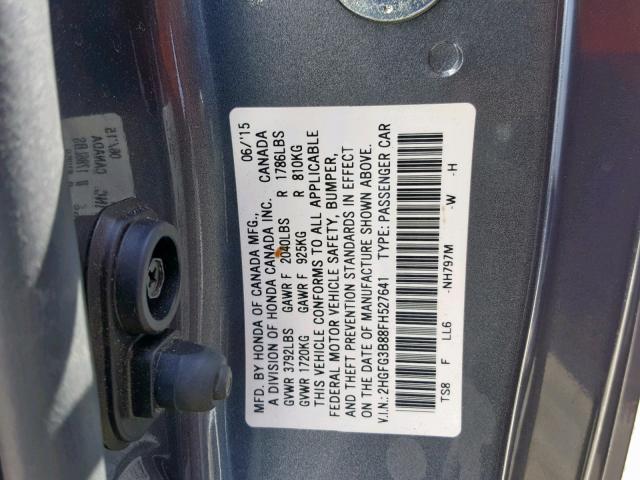 2HGFG3B88FH527641 - 2015 HONDA CIVIC EX ნაცრისფერი ფოტო 10