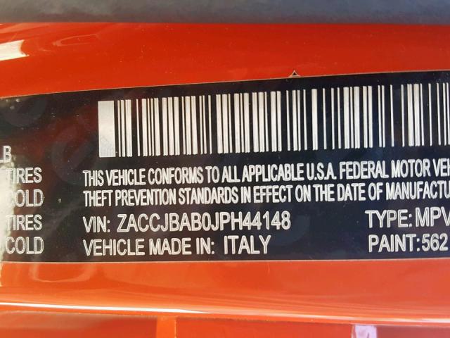 ZACCJBAB0JPH44148 - 2018 JEEP RENEGADE S ნარინჯისფერი ფოტო 10